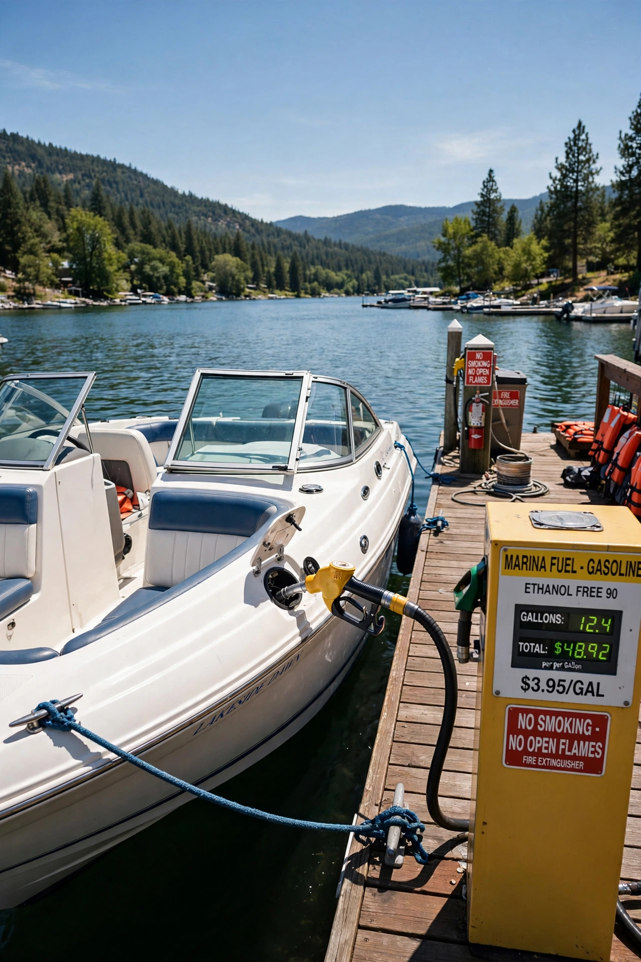 Boat refueling at a marina fuel dock